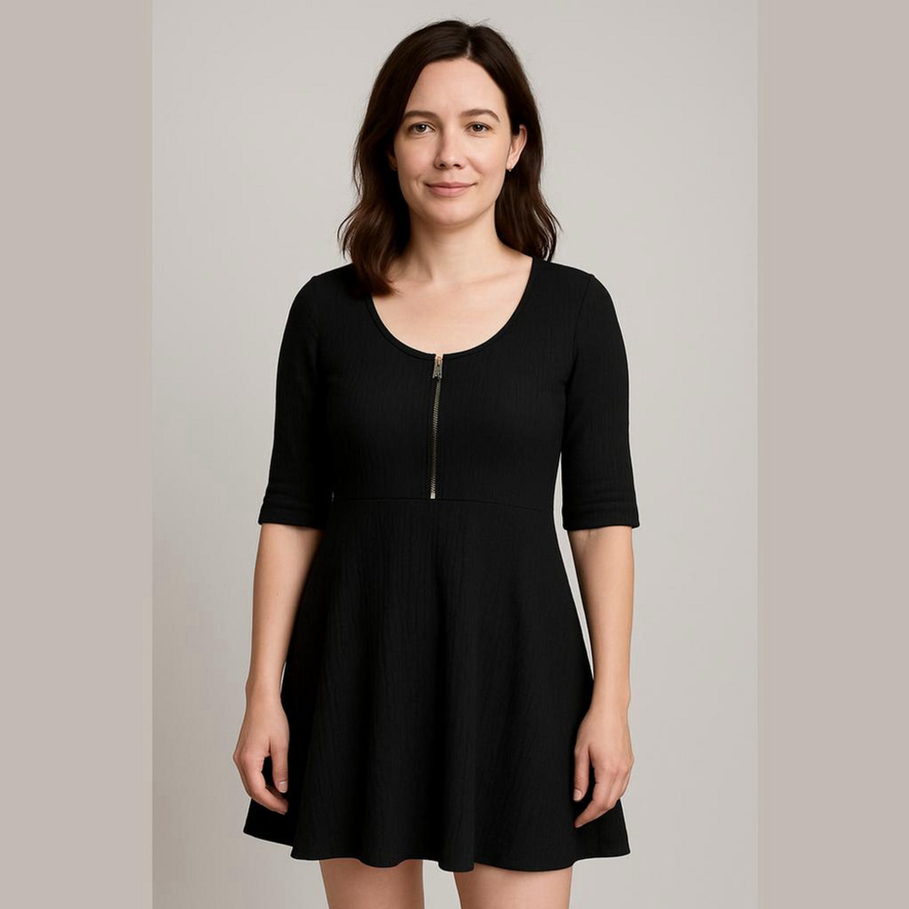 boohoo Ribbed Black Fit & Flare Dress - Size 14